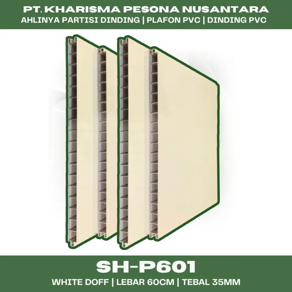 Produk sekat pvc ruangan indoor tipe SH-P601 White Doff yang berfungsi sebagai partisi dinding bersih berkualitas tinggi dengan lebar 60cm dan ketebalan 35mm.