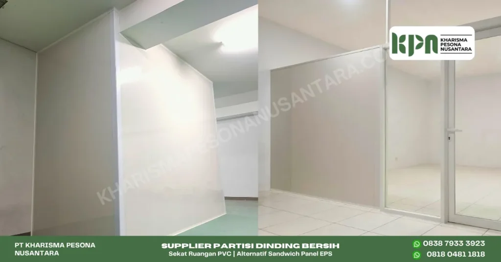 Partisi Ruangan PVC warna putih Glossy yang terpasang di pabrik (kiri gambar) dan untuk ruangan kantor (kanan gambar) lengkap dengan pintu dan kaca (pekerjaan jasa custom)